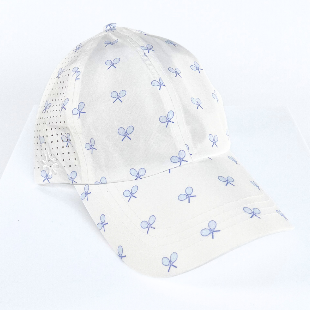 Blue Tennis Racquets Print , Sun Goddess Cap, Tuck-In Strap UPF 50+ - VIMHUE